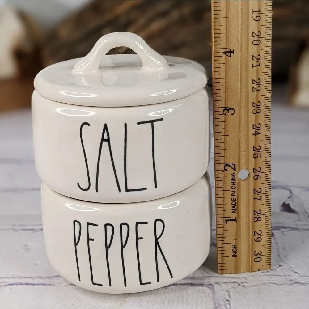 Rae Dunn SALT & PEPPER Ceramic 2 Piece Stacking Cellar Set with Lid